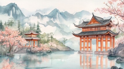 Obraz premium Watercolor painting of mountains and rivers with an ancient Chinese Shrine