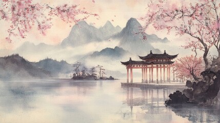 Fototapeta premium Watercolor painting of mountains and rivers with an ancient Chinese Shrine