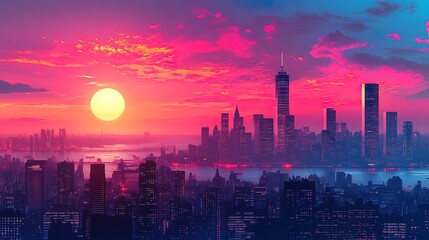 Fototapeta premium Dynamic city skyline illuminated at twilight, modern urban landscape