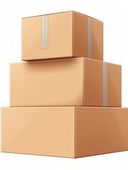 Obraz premium 3D rendering of three stacked cardboard boxes, with a large brown paperboard box at the bottom, a gray-striped box on top, and a small square cardboard plate, all against a white background.