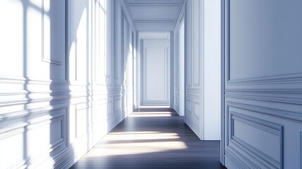 Fototapeta premium Sunlit Hallway with Elegant White Paneling and Wood Floor
