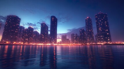 Obraz premium Dynamic city skyline illuminated at twilight, modern urban landscape
