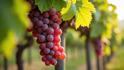 Obraz premium A close-up of a bunch of red grapes hanging from a vine in a vineyard at sunset.