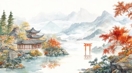 Obraz premium Watercolor painting of mountains and rivers with an ancient Chinese Shrine