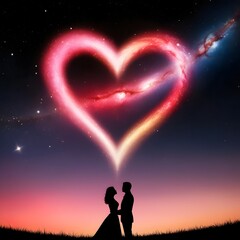 Fototapeta premium A glowing heart-shaped galaxy in the night sky, with pink, red, and golden hues. Couples silhouetted below to bask in the dreamy celestial setting. Perfect for Valentine’s Day designs.