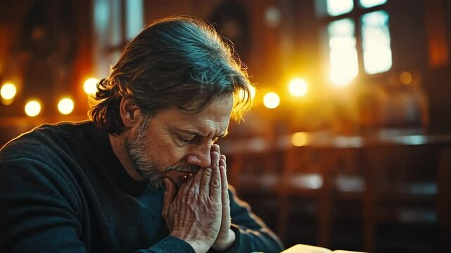 Man Praying in Church: A contemplative man with clasped hands, lost in silent prayer within the warm, candlelit ambiance of a church.  The image evokes feelings of serenity, faith, and introspection.