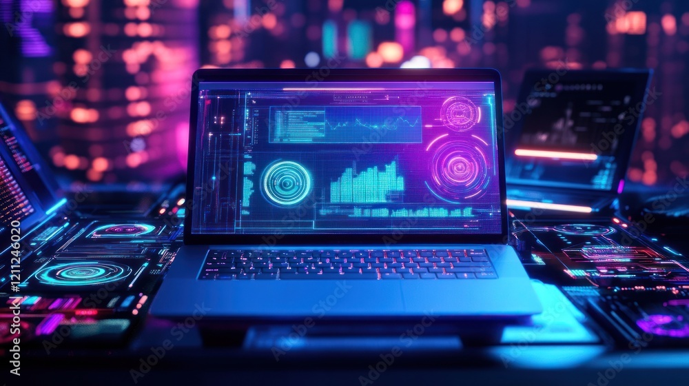 Poster neon cityscape tech: futuristic laptop displaying data analytics