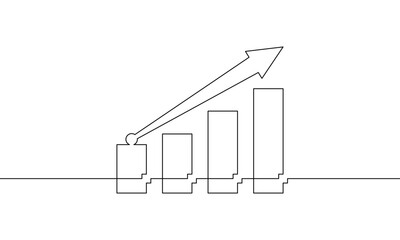 Continuous one line drawing of graph vector illustration. Single line art of increasing arrow up. Flat icon of business growth. Sign symbol of bar chart