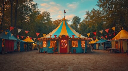 Colorful circus tent at sunset park festival