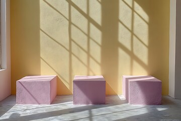 Three Pink Cubes Against Yellow Wall Sunlight