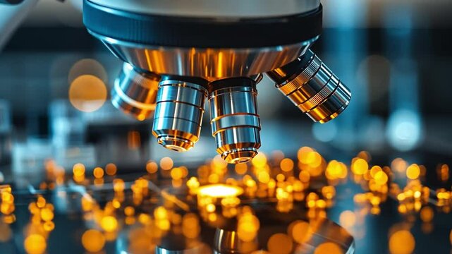 Microscope Lens: A close-up view of a microscope's objective lens, bathed in the warm glow of a laboratory's ambient lighting, a testament to the precision and detail of scientific exploration.