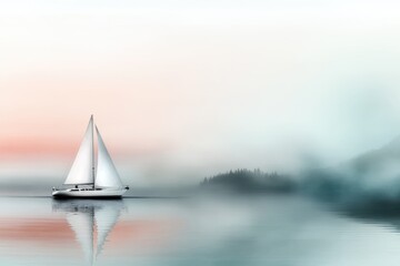 Fototapeta premium A serene sailboat glides silently across calm waters at dawn. Light fog envelops the scene, while soft hues of pink and blue create a peaceful atmosphere, hinting at a new day
