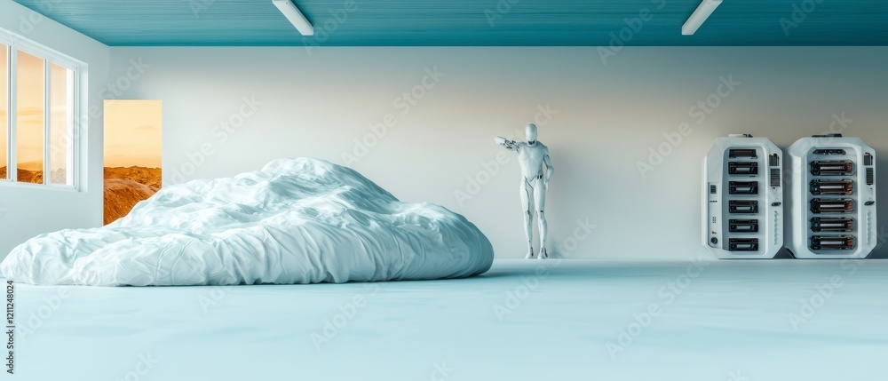 Poster futuristic robot in white room with cloud data and servers