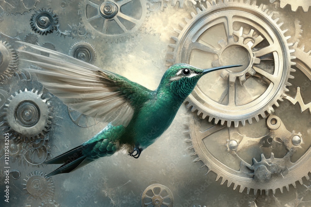 Poster Emerald Hummingbird Soaring Through Intricate Gears