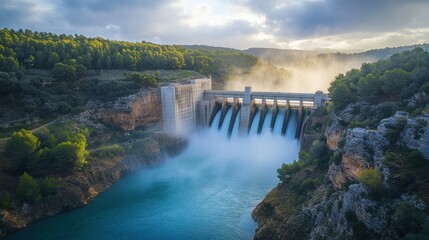 Modern Hydroelectric Dam Releasing Water into Tranquil River