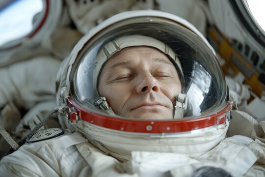 An astronaut rests calmly inside a spacecraft, eyes closed and helmet on, with reflections visible in the visor. The serene moment captures the tranquility of space exploration