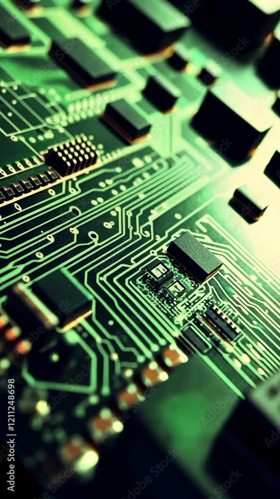 Poster close-up view of a complex circuit board showcasing intricate electronic components and connections