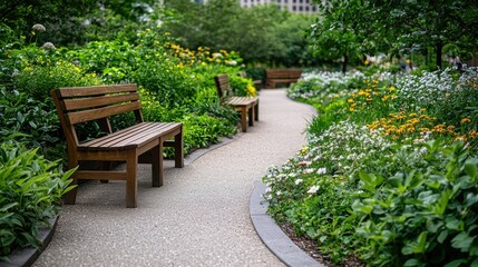 Serene Garden Path with Wooden Bench and Blossoms