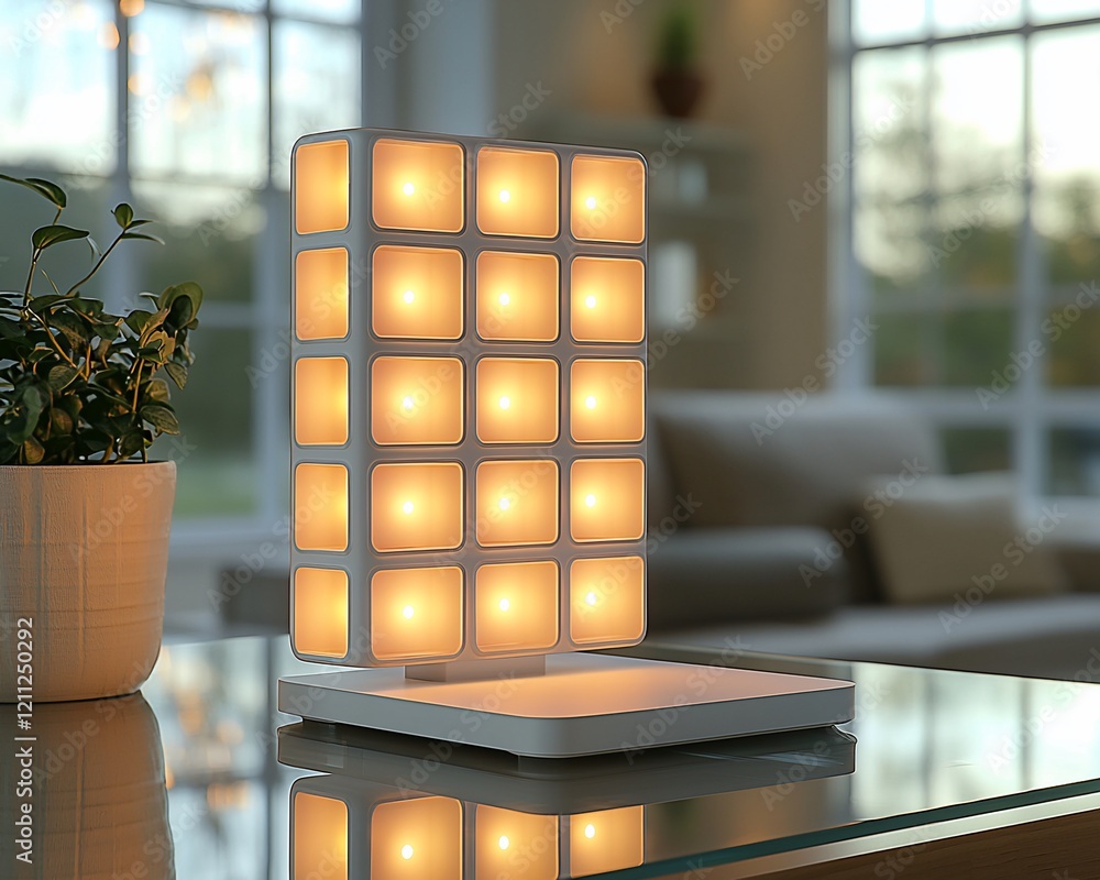 Poster modern illuminated cube lamp on glass table.