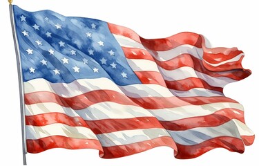 Obraz premium Watercolor American flag clipart in pastel pencil style, soft pink, blue, brown, and silver gold, isolated on the left side with white background
