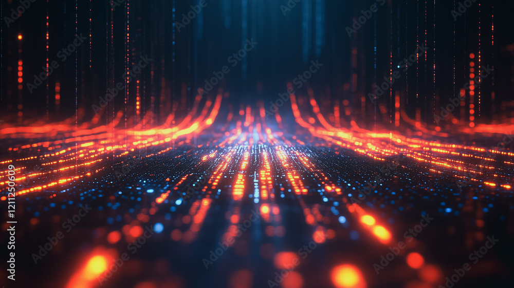 Poster digital stream: abstract visualization of data streams, glowing with vibrant orange and blue hues, c