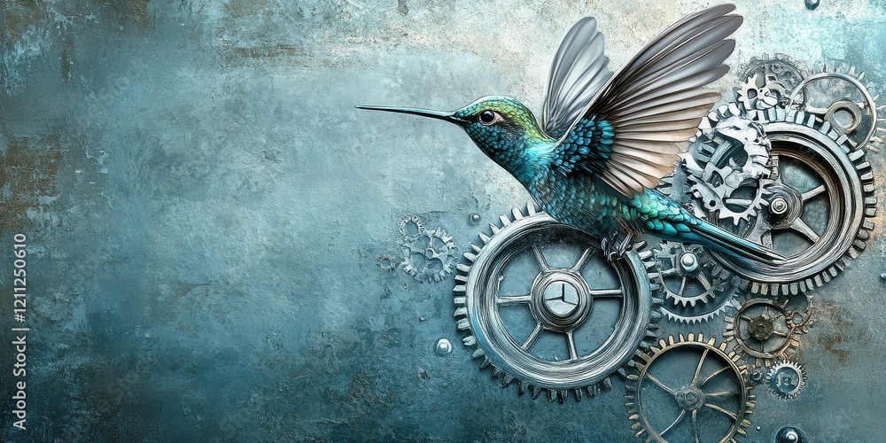 Poster A Hummingbird Soaring Above Intricate Clockwork Gears