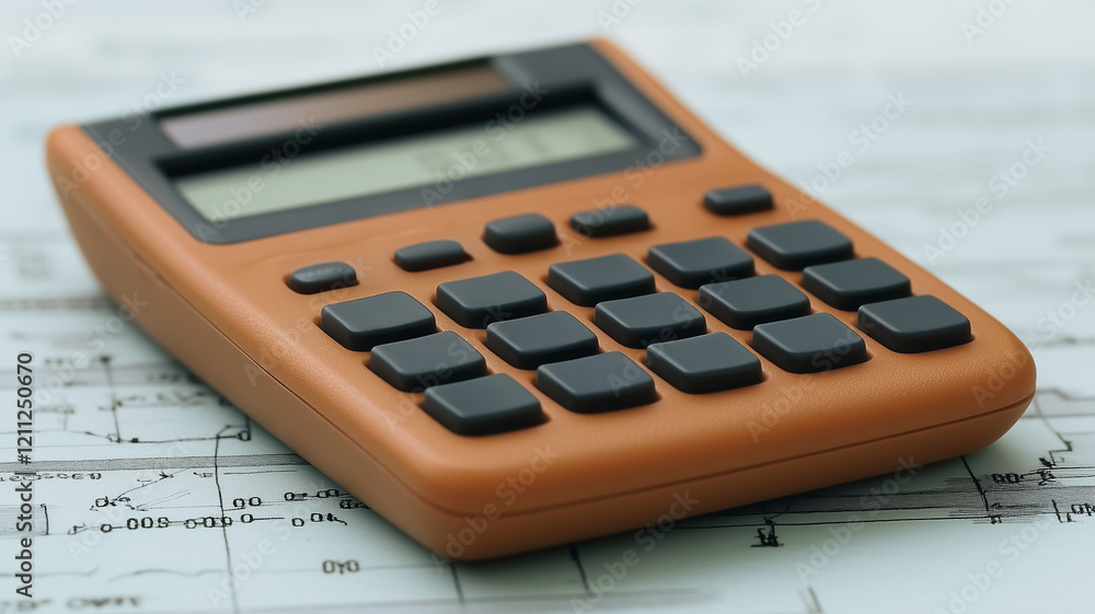 Aufkleber close-up of calculator: a close-up of a standard calculator with a brown casing, showcasing the digi