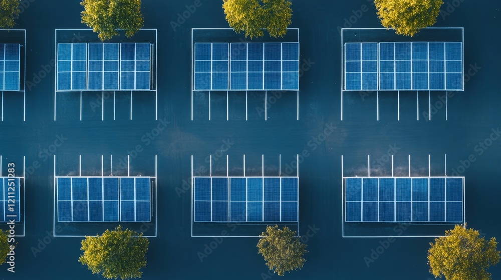 Poster a parking lot with multiple solar panel-covered sections, providing shade and generating energy. the