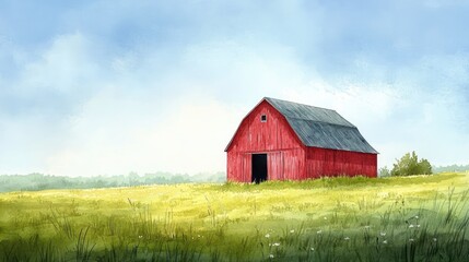 Fototapeta premium A striking red barn stands alone in a vast green field, with wildflowers dotting the landscape. The bright blue sky enhances the tranquil rural atmosphere, evoking a sense of peace and simplicity
