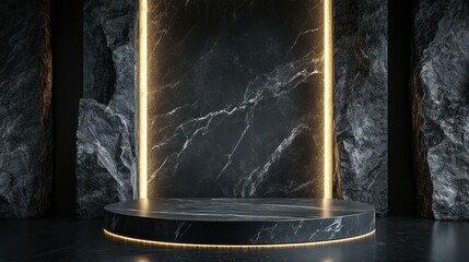 An abstract black marble podium with a polished top, framed by jagged stone textures and glowing side lights, set in a minimalist dark studio, lifelike 4K render