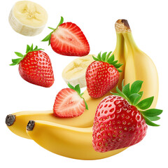 A bunch of bananas, strawberries, and a strawberry on top of a banana