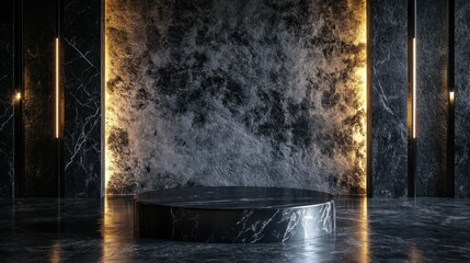 An abstract black marble podium with a polished top, framed by jagged stone textures and glowing side lights, set in a minimalist dark studio, lifelike 4K render