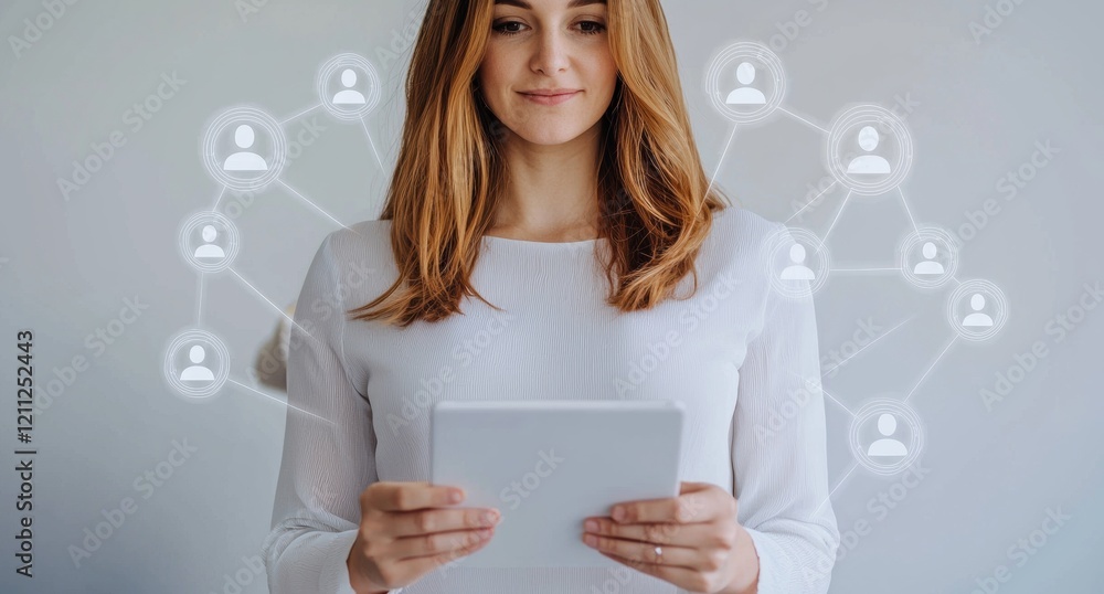 Poster woman using tablet networking concept social connection