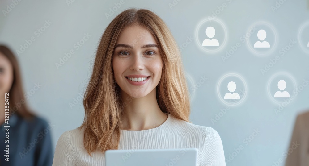 Aufkleber smiling woman using tablet networking concept