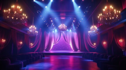 Obraz premium An advanced 3D render of a premium venue with velvet drapes, crystal accents, and a glowing central stage under sophisticated spotlights, ultra-clear 4K
