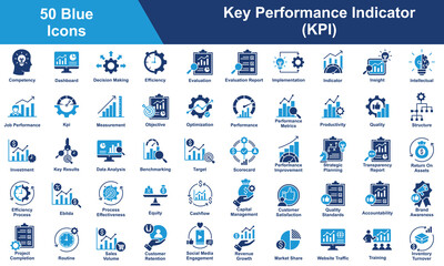 Key Performance Indicator Icon Set Collection. Containing Competency, Decision Making, Efficiency, Evaluation, Implementation, Indicator, Insight, KPI, Intellectual. Simple Blue Vector Illustration.