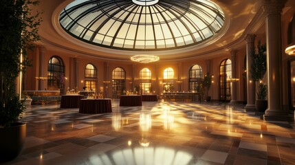 Obraz premium An elegant venue featuring a glass dome ceiling, dramatic lighting effects, and a spacious open floor plan ideal for elite gatherings, photorealistic 4K