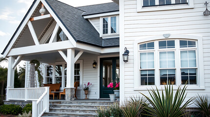 Fototapeta premium Elegant White House Exterior: Modern Architecture, Classic Design, and Lush Landscaping. A Dream Home for Comfortable Living