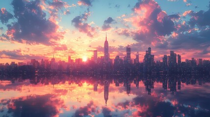 City skyline with clouds reflecting in a skyscraper, powerful and awe-inspiring 