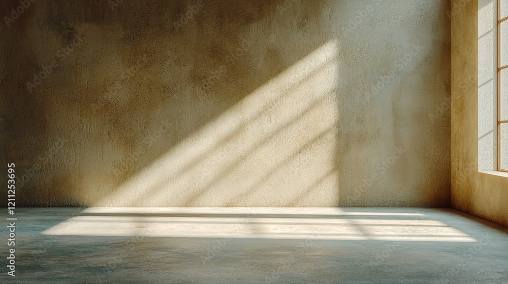 Poster sunlit empty room with textured wall and concrete floor.