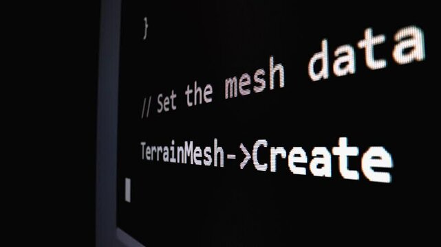 Closeup macro shot movement of coding script moving across LED screen with real-time AI-generated typing, showcasing advanced AI learning in optimization, debug and coding for software development.