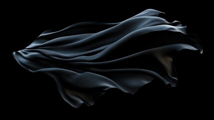 Fototapeta premium Dynamic black cloth flying in mid-motion, its silky surface reflecting subtle light while forming dramatic shapes on a deep dark background, photorealistic 4K