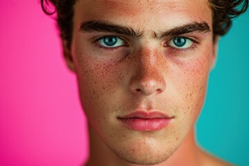 Fototapeta premium Closeup Portrait of a Young Man with Freckles and Blue Eyes
