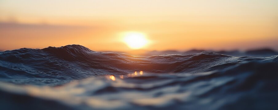 A serene sunset over gentle ocean waves, casting warm hues on the water, creating a tranquil atmosphere.