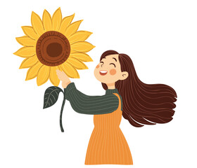 Cheerful Girl Holding a Sunflower.Cute vector cartoon illustration for International Flower Day on white background.	
