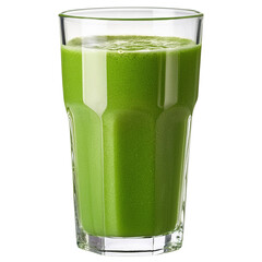 A glass of green juice is sitting on a white background