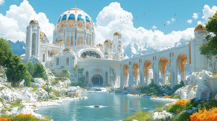 Majestic white palace by a tranquil lake, nestled in a mountain valley.