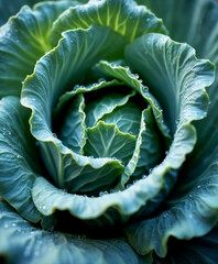 Obraz premium Close-Up of Savoy Cabbage with Water Droplets, Textured Green Leaves, Vegan Salad Ingredient