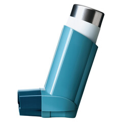 A blue inhaler is shown on a white background