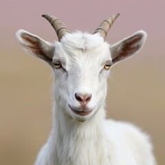 Portrait of a Young White Goat with Horns